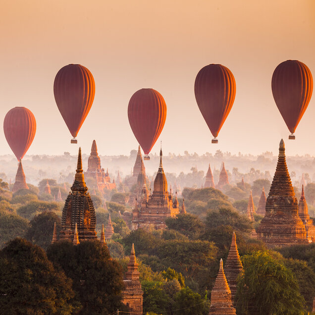 Balloon over plain of Bagan in misty morning, Myanmar