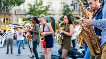 The bare brass band busking at Paris, France