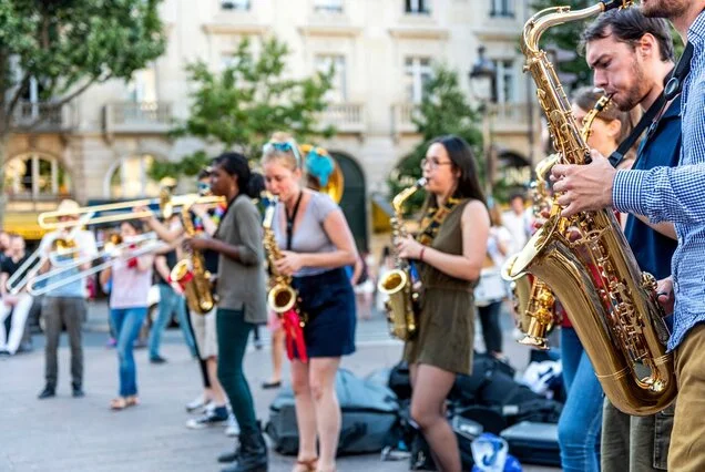 The bare brass band busking at Paris, France