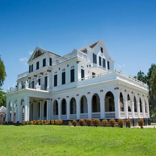 The Presidential Palace of Suriname is the presidential palace of Suriname in the capital of Paramaribo. It is located across from The Independence Square, which also houses the National Assembly of Suriname, the Congress building, the Court of Justice, and the Ministry of Finance